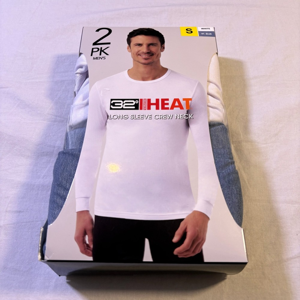 32 Degrees Heat Men 2 Pack Long Sleeve Crew Neck Thermal Shirts Small White Blue